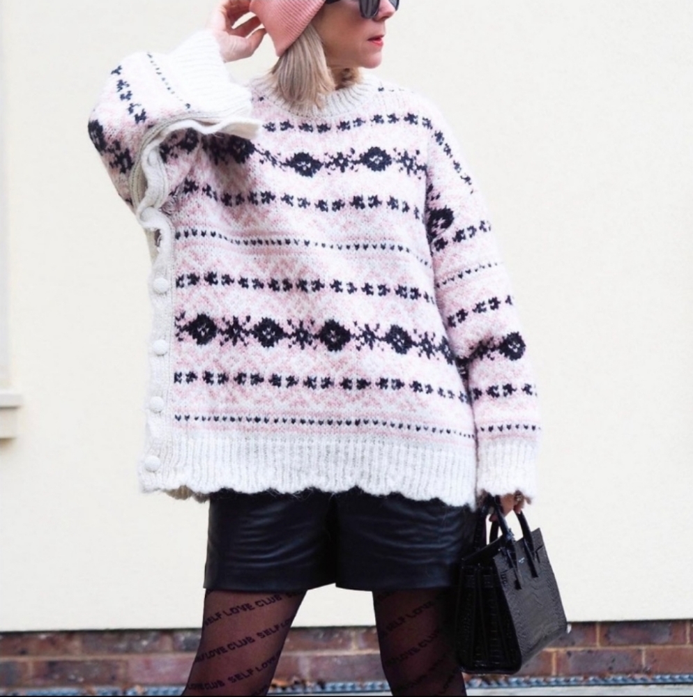 Zara Soft Pink and Black Knit Turtleneck Sweater